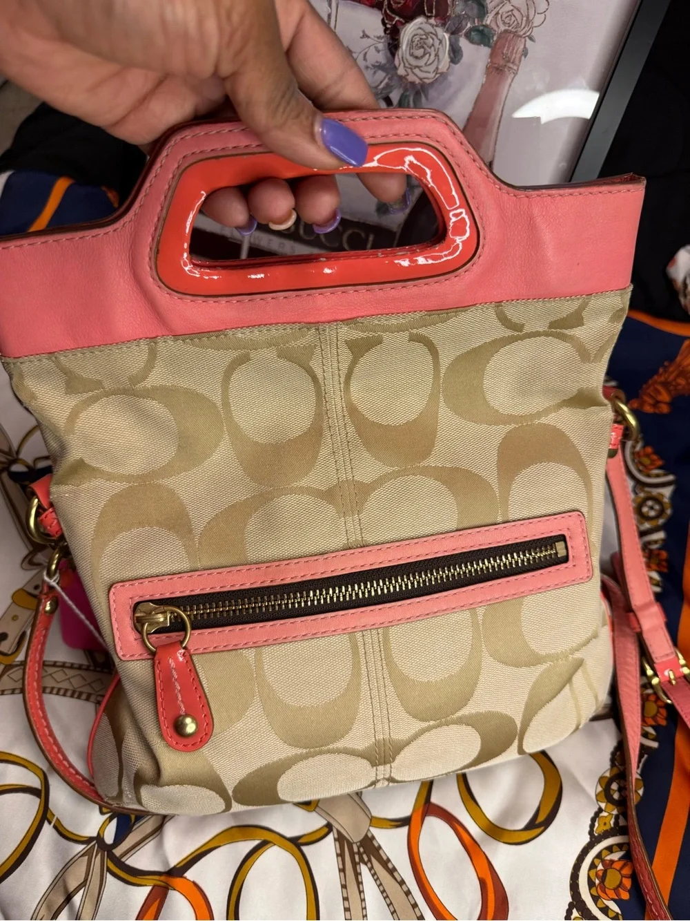 Coach Bonnie Signature Canvas Shoulder Bag Coral Pink Leather Trim